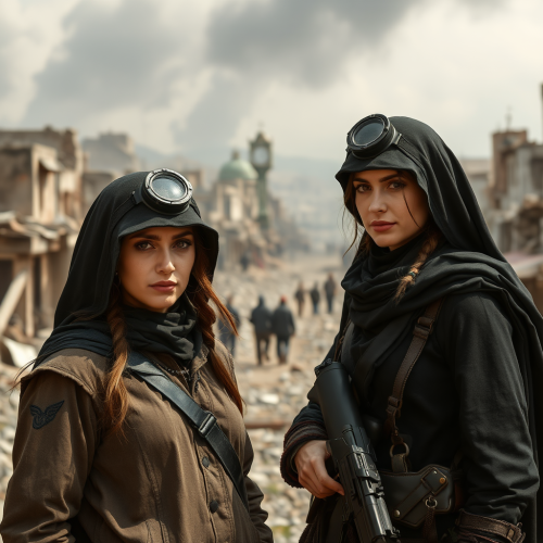 Two brave women soldiers in destroyed city.