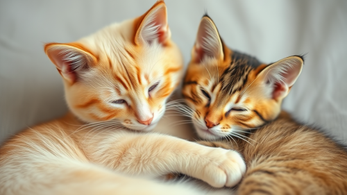 Two cats cuddling: flame point and tabby