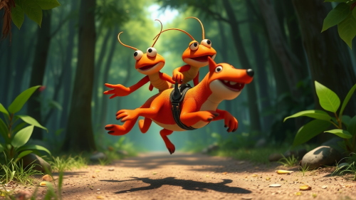 Two crayfish ride dog through colorful forest.