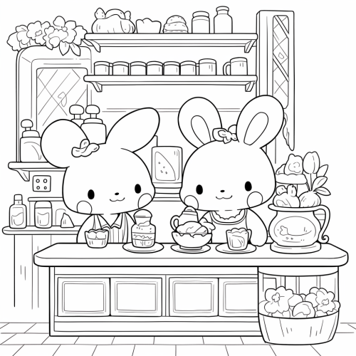 Two cute bunnies in a magical coffee shop.