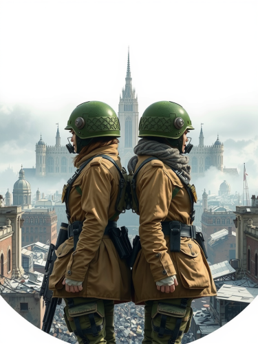 Two female soldiers in front of city ruins