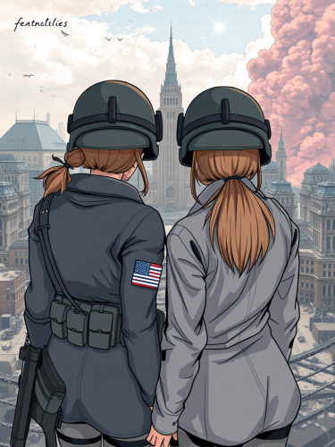 Two female soldiers in front of destroyed city. Two female soldiers in front of destroyed city.