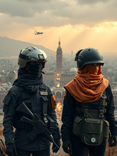 Two female soldiers in hijab in ruined city.