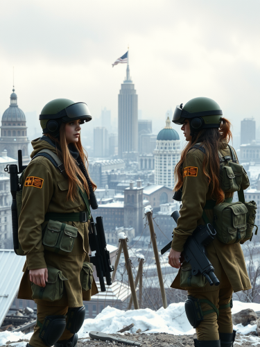 Two female soldiers in war-torn city