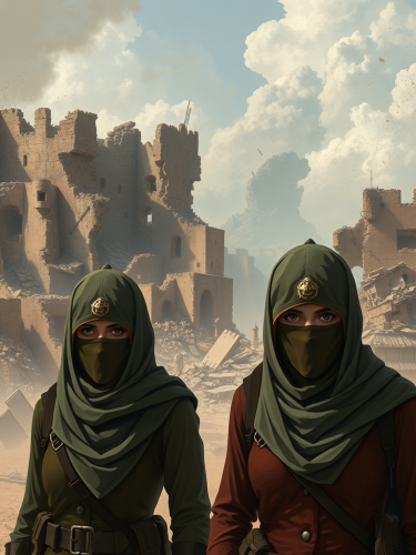 Two female soldiers stand in destroyed city.