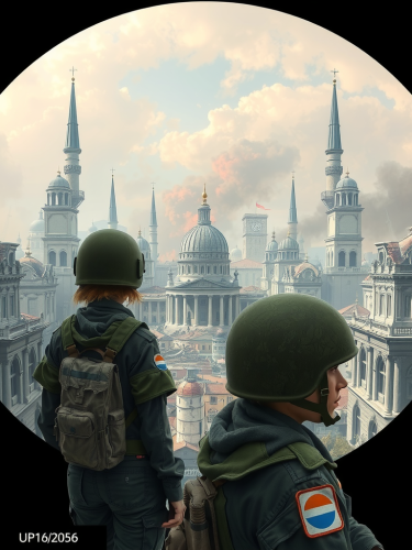 Two female soldiers standing in front of destroyed city.