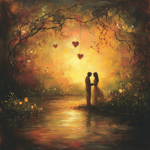 Two figures sharing intimate moment in serene setting. Two figures sharing intimate moment in serene setting.