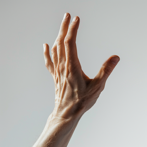 Two fingers raised on hand, white background, detailed skin.