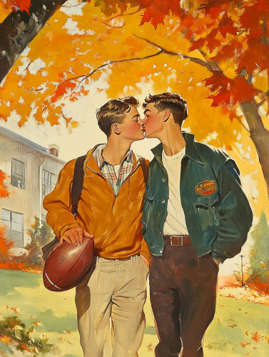 Two football boys in love on vintage book cover.