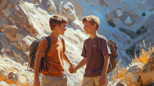 Two friendly 12-year-old boys talking on a mountain