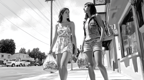 Two friends walking on sidewalk with food bags Two friends walking on sidewalk with food bags