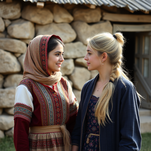 Two girls from different countries meet happily.