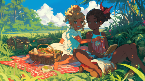 Two girls have a picnic with apple pie