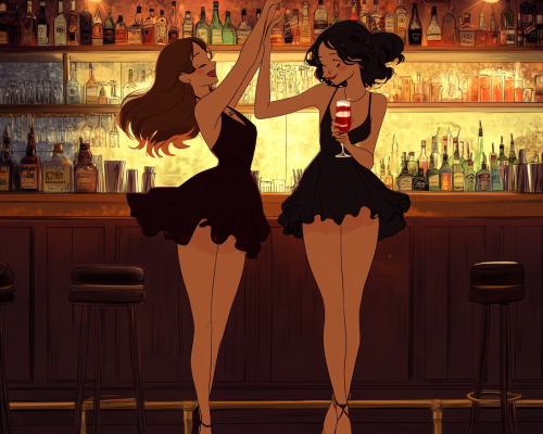 Two girls having fun in a fancy bar.