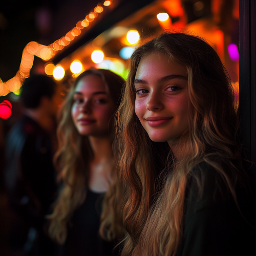 Two girls smiling in line at night club