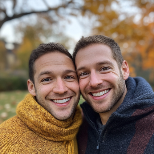 Two happy men in park with fall leaves