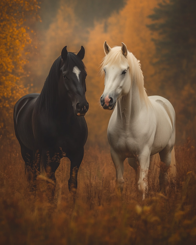 Two horses dancing in Nordic nature at sunrise