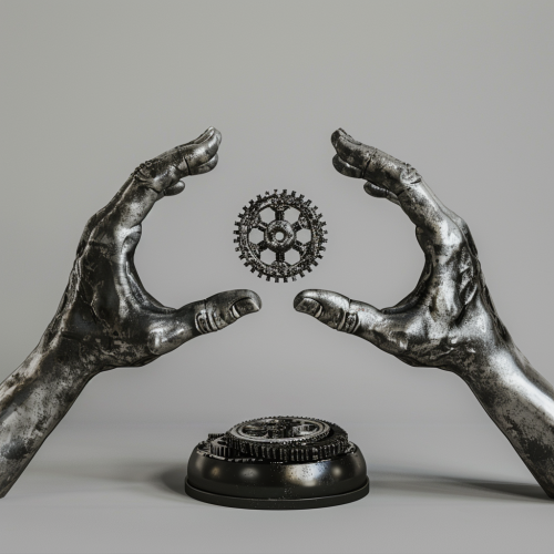 Two open hands holding floating gear, metallic silver.