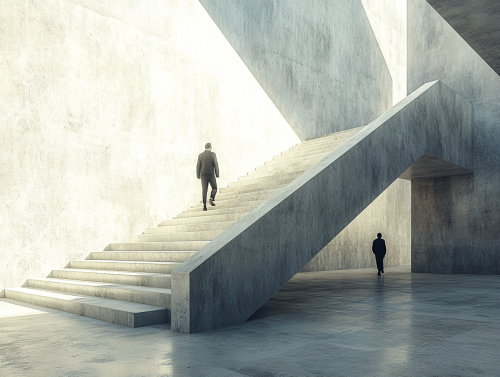 Two people climb wide concrete steps with shadows