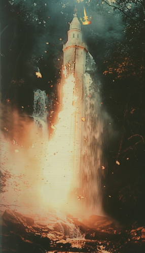 Two people falling off burning tower in dark forest.
