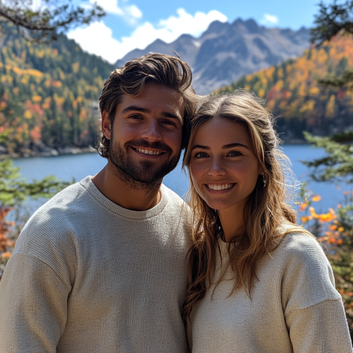 Two people smiling by lake and mountains.