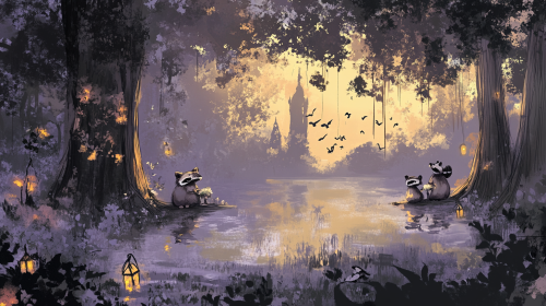 Two raccoons getting married in a cypress swamp.