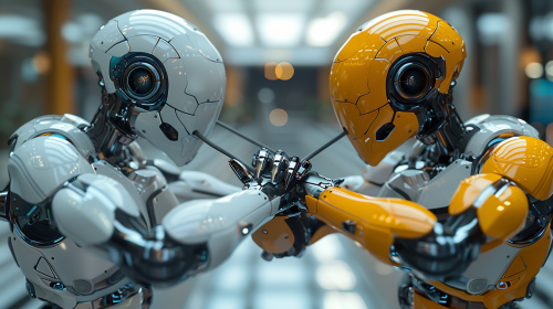 Two robots pull a rope in an office