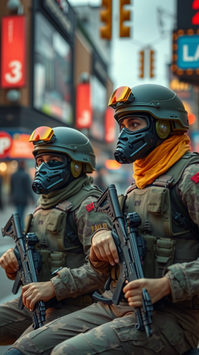 Two sad women soldiers play wirelessly in city.