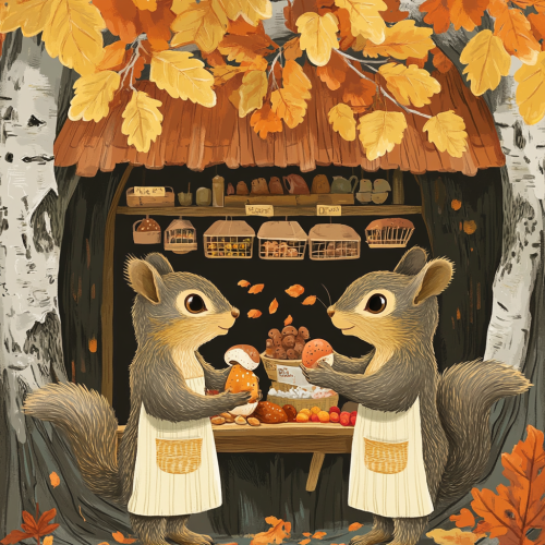 Two squirrels in aprons at birch tree market