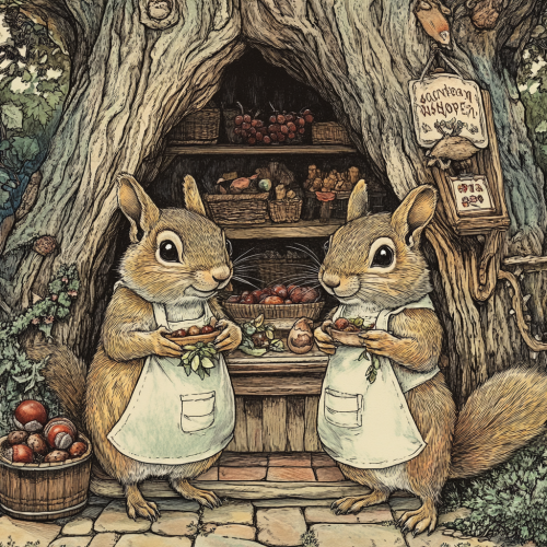 Two squirrels stocking acorns in cozy market store