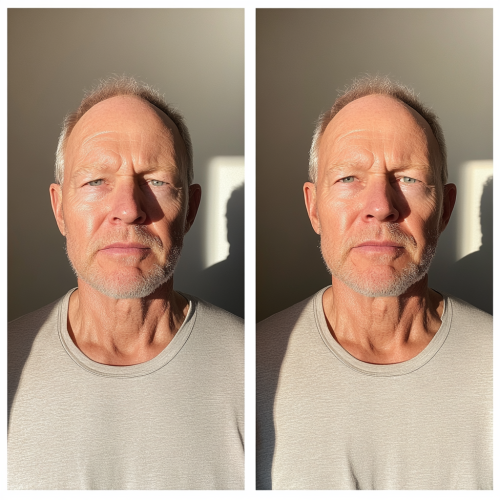 Two versions of 50-year-old man: tired vs healthy.