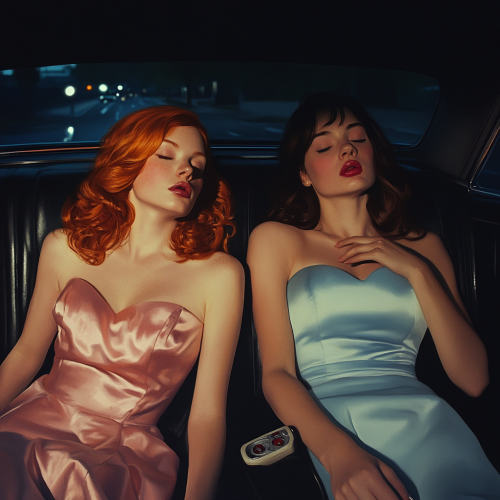 Two women in a car at night.