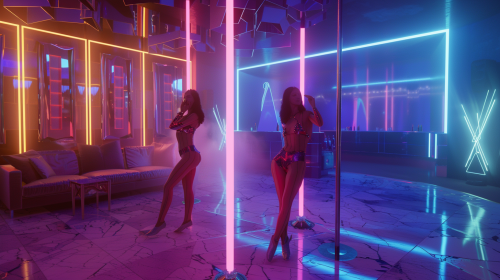 Two women in bright outfits dancing by a pole. Two women in bright outfits dancing by a pole.