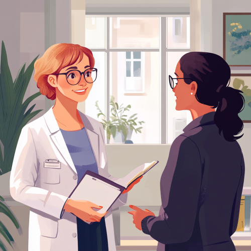 Two women smiling in office, one holding notebook.