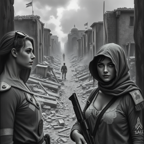 Two women soldiers in a destroyed city.
