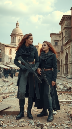 Two women soldiers in a destroyed city.