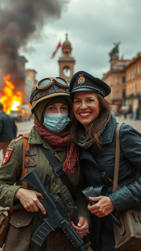Two women soldiers in a destroyed city.