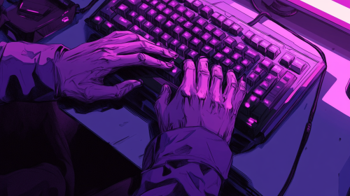 Typing in Neon Cyberpunk Office