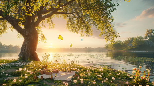 UNREAL ENGINE: Birch Lake dawn picnic setting, butterflies flutter