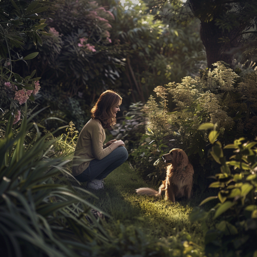 Ultra-realistic person crouching with dog in lush garden 