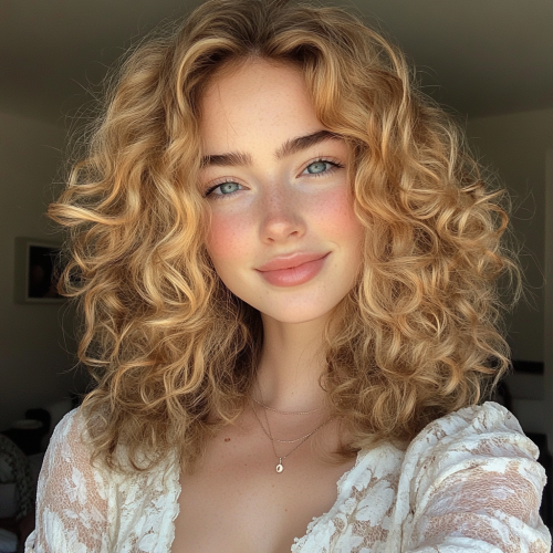 Ultra-realistic photo of a blonde influencer taking selfie.