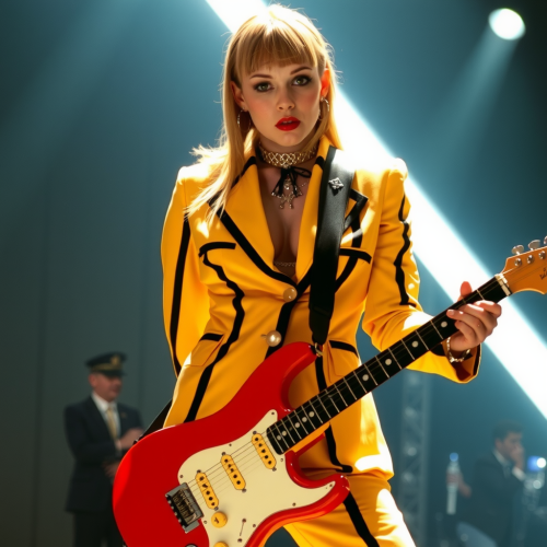 Uma Thurman in yellow suit with sword and guitar