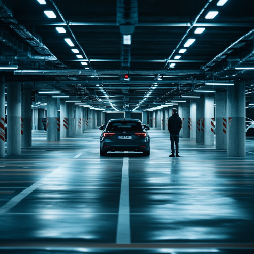 Underground parking: clean, modern, well lit, spacious, car, happy man, comfortable atmosphere.
