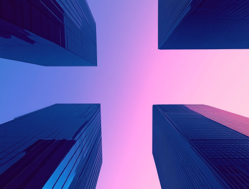 Underneath Modern Building Silhouettes in Gradient Sky