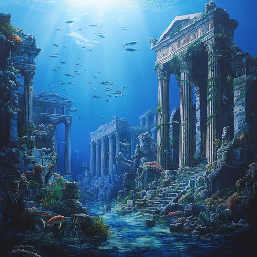 Underwater Atlantis cityscape with Greek ruins, coral-covered statues Underwater Atlantis cityscape with Greek ruins, coral-covered statues