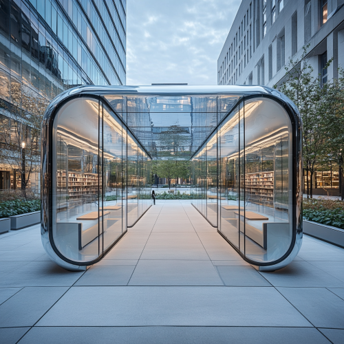 University library's modern space with sleek, transparent capsules