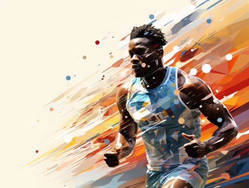 Unrealistic runner in multi-colored circles at Olympics