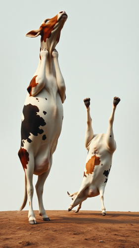 Upisde-down cow doing handstand in surreal background.