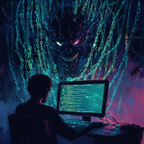 User on computer, manipulated by shadowy corporate figures.