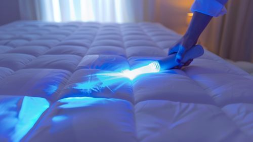 Using UV sterilizer to clean mattress in daylight.